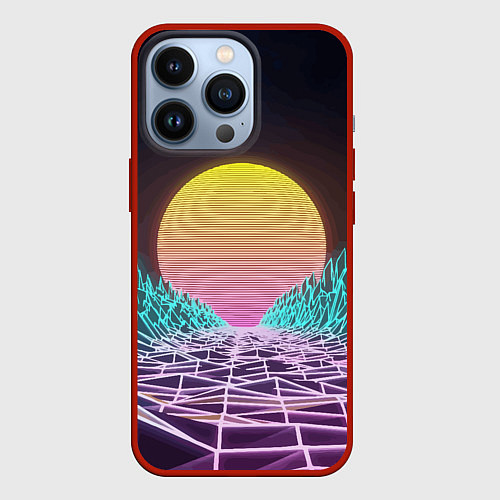 Чехол iPhone 13 Pro Vaporwave Закат солнца в горах Neon / 3D-Красный – фото 1