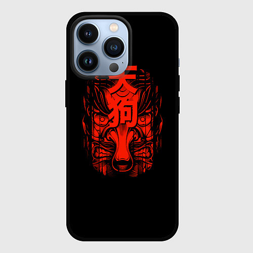 Чехол iPhone 13 Pro Маска Тенгу Иероглифы / 3D-Черный – фото 1
