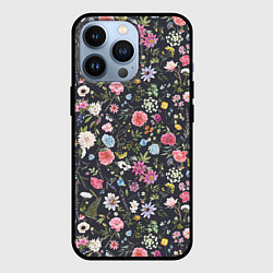Чехол для iPhone 13 Pro Разные цветы, листья, травы на темном фоне, цвет: 3D-черный