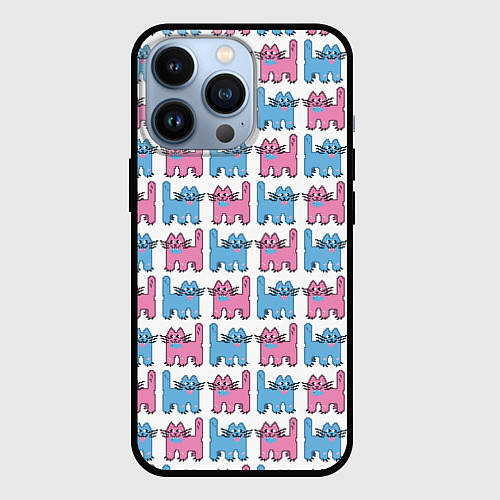 Чехол iPhone 13 Pro Пиксельные коты: розовый и голубой, паттерн / 3D-Черный – фото 1