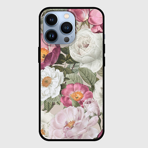 Чехол iPhone 13 Pro Цветы Розовый Сад Пион и Роз / 3D-Черный – фото 1