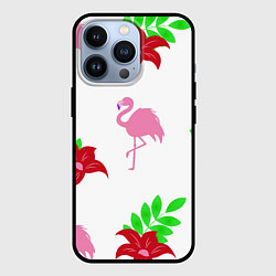 Чехол для iPhone 13 Pro Розовый фламинго с цветами, цвет: 3D-черный