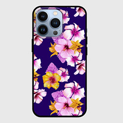 Чехол iPhone 13 Pro Цветы Розовые Гибискус и Оранжевые Ирисы На Синем