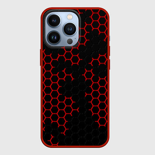 Чехол iPhone 13 Pro НАНОКОСТЮМ Black and Red Hexagon Гексагоны / 3D-Красный – фото 1