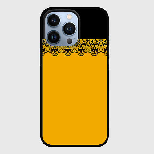 Чехол iPhone 13 Pro Черное кружево на желтом фоне / 3D-Черный – фото 1