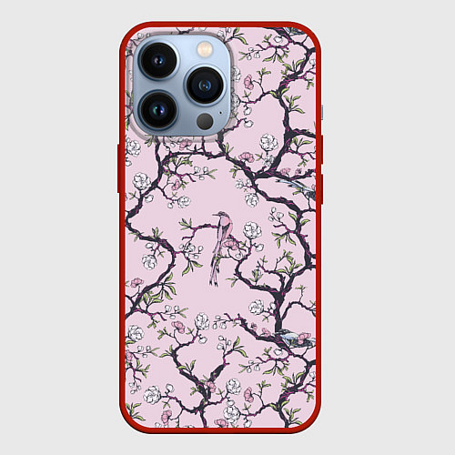 Чехол iPhone 13 Pro Цветы Сакуры и Птицы На Ветках / 3D-Красный – фото 1