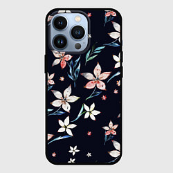 Чехол iPhone 13 Pro Цветы Нарисованные Акварелью На Чёрном Фоне