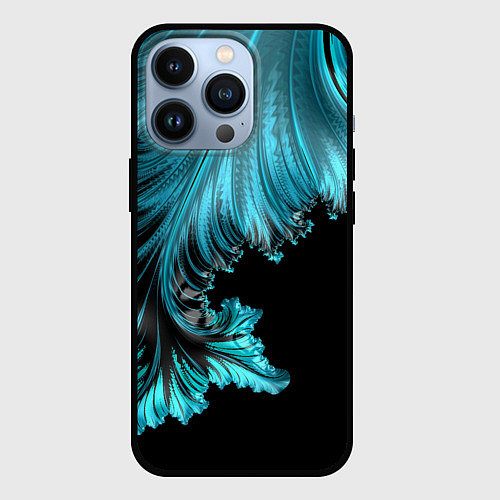 Чехол iPhone 13 Pro Черный с голубым неоновый фрактал Ледяная абстракц / 3D-Черный – фото 1