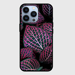 Чехол для iPhone 13 Pro Неоновые листья цветов - Розовый, цвет: 3D-черный