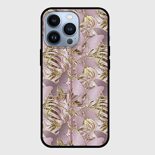Чехол iPhone 13 Pro Золотистые бабочки / 3D-Черный – фото 1