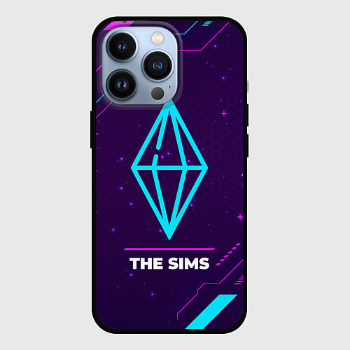 Чехол iPhone 13 Pro Символ The Sims в неоновых цветах на темном фоне / 3D-Черный – фото 1