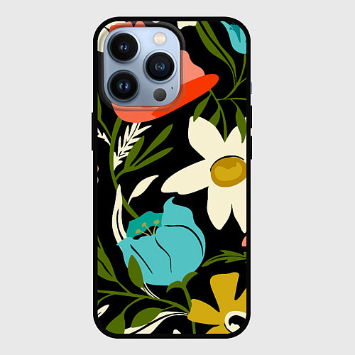 Чехол iPhone 13 Pro Яркие цветы на фоне тёмной летней ночи / 3D-Черный – фото 1