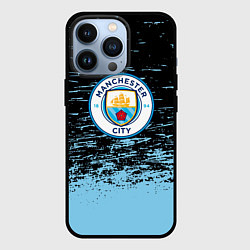 Чехол iPhone 13 Pro Манчестер сити голубые брызги на черном фоне