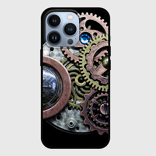 Чехол iPhone 13 Pro Mechanism of gears in Steampunk style / 3D-Черный – фото 1