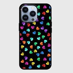 Чехол iPhone 13 Pro Сердечки разноцветные на черном