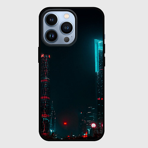 Чехол iPhone 13 Pro Неоновые высотки в городе - Светло-синий / 3D-Черный – фото 1