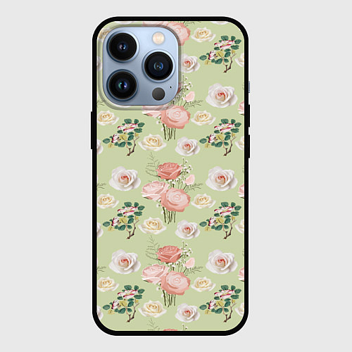 Чехол iPhone 13 Pro Розы на фоне салатного цвета roses / 3D-Черный – фото 1