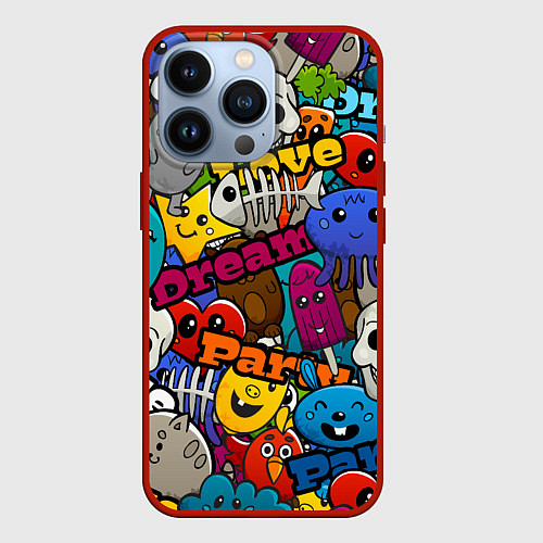 Чехол iPhone 13 Pro Красочный паттерн из мультяшных героев / 3D-Красный – фото 1
