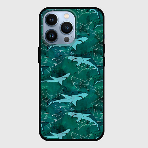 Чехол iPhone 13 Pro Акулы не темно бирюзовом фоне / 3D-Черный – фото 1