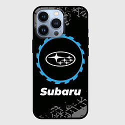 Чехол iPhone 13 Pro Subaru в стиле Top Gear со следами шин на фоне