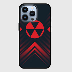 Чехол iPhone 13 Pro Красный Символ Fallout на темном фоне со стрелками