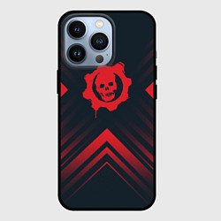 Чехол iPhone 13 Pro Красный Символ Gears of War на темном фоне со стре