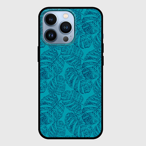 Чехол iPhone 13 Pro Синие листья монстеры на голубом / 3D-Черный – фото 1
