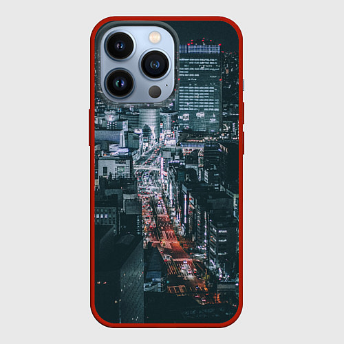 Чехол iPhone 13 Pro Ночные улицы города с высоты - Белый / 3D-Красный – фото 1
