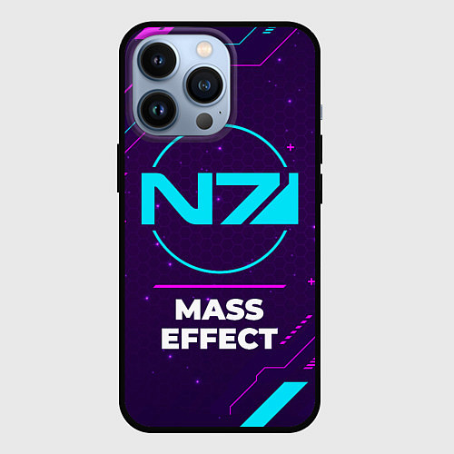 Чехол iPhone 13 Pro Символ Mass Effect в неоновых цветах на темном фон / 3D-Черный – фото 1