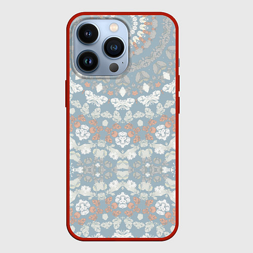 Чехол iPhone 13 Pro Коралловый и серо-голубой, мандала / 3D-Красный – фото 1