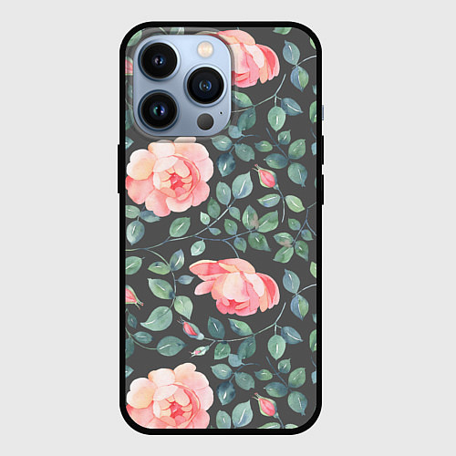 Чехол iPhone 13 Pro Розовые розы на сером фоне Цветы / 3D-Черный – фото 1