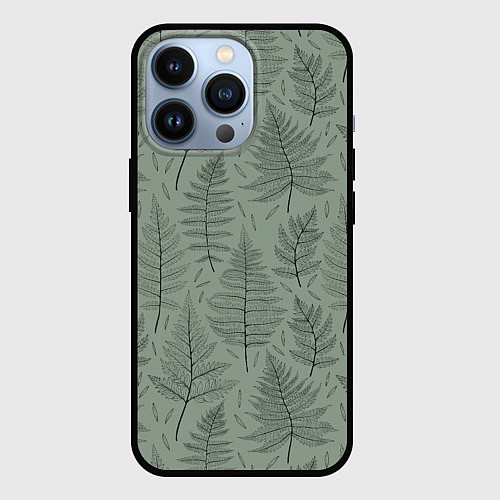 Чехол iPhone 13 Pro Листья папоротника на зеленом фоне Минимализм / 3D-Черный – фото 1
