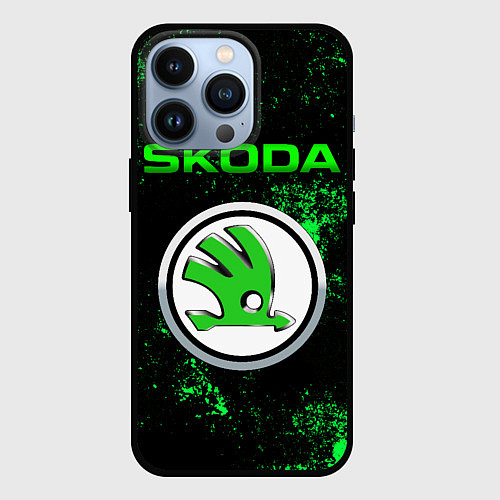 Чехол iPhone 13 Pro SKODA - ЗЕЛЕНЫЕ БРЫЗГИ / 3D-Черный – фото 1