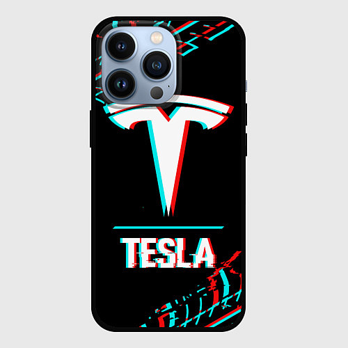 Чехол iPhone 13 Pro Значок Tesla в стиле Glitch на темном фоне / 3D-Черный – фото 1