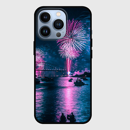 Чехол iPhone 13 Pro Неоновый салют над рекой ночью - Синий / 3D-Черный – фото 1