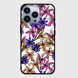 Чехол iPhone 13 Pro Цветы Разноцветные На Белом Фоне