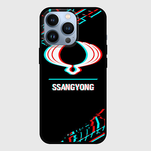 Чехол iPhone 13 Pro Значок SsangYong в стиле glitch на темном фоне / 3D-Черный – фото 1