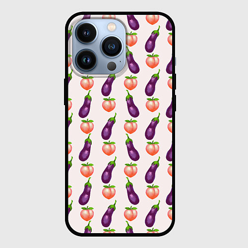 Чехол iPhone 13 Pro Баклажаны и персики паттерн / 3D-Черный – фото 1