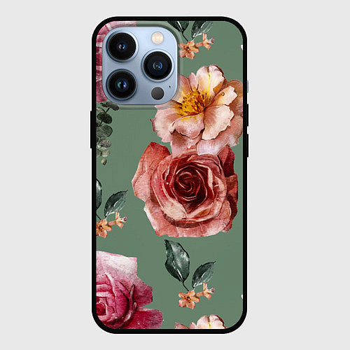 Чехол iPhone 13 Pro Цветы Нарисованные Розы и Пионы / 3D-Черный – фото 1