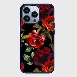 Чехол для iPhone 13 Pro Цветы Нарисованные Розы На Чёрном Фоне, цвет: 3D-тёмно-синий