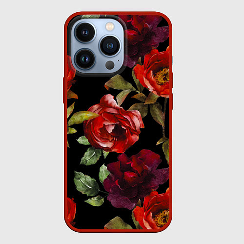 Чехол iPhone 13 Pro Цветы Нарисованные Розы На Чёрном Фоне / 3D-Красный – фото 1