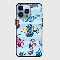 Чехол для iPhone 13 Pro Кит, черепаха, акула и другие обитатели океана, цвет: 3D-черный