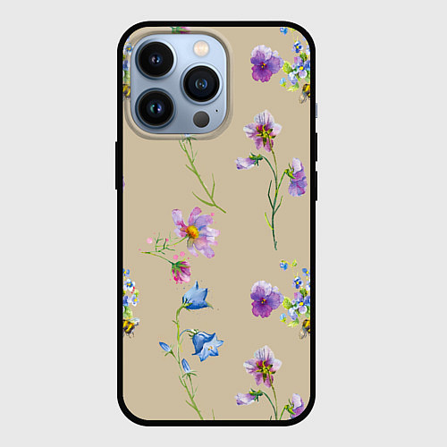 Чехол iPhone 13 Pro Нарисованные Цветы Колокольчики и Пчёлы / 3D-Черный – фото 1