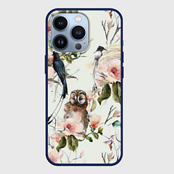 Чехол iPhone 13 Pro Цветы Нарисованные Магнолии и Птицы