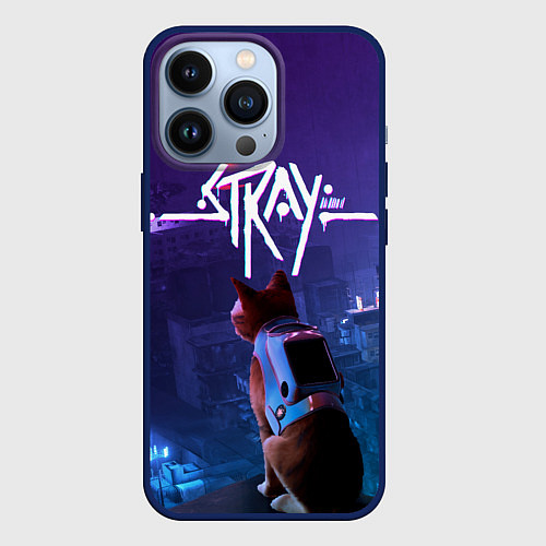 Чехол iPhone 13 Pro Stray кот неон / 3D-Тёмно-синий – фото 1