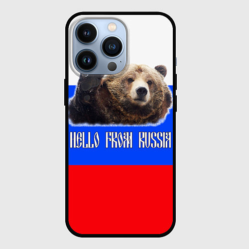 Чехол iPhone 13 Pro Привет из России - медведь и триколор / 3D-Черный – фото 1