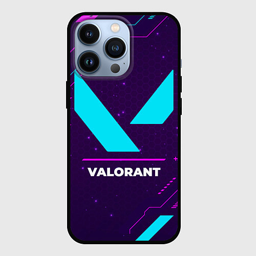 Чехол iPhone 13 Pro Символ Valorant в неоновых цветах на темном фоне / 3D-Черный – фото 1