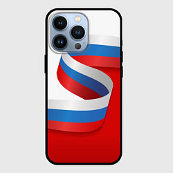 Чехол iPhone 13 Pro Лента триколор на красно-белом фоне