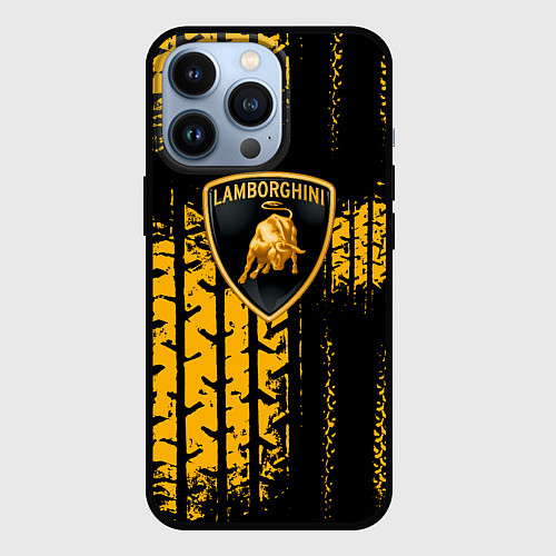 Чехол iPhone 13 Pro Lamborghini - жёлтые следы шин / 3D-Черный – фото 1