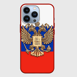 Чехол iPhone 13 Pro Герб России на фоне флага